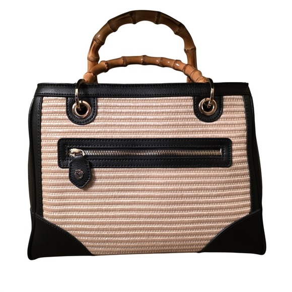 $240 NWT Spartina 449 Bamboo Chic Satchel Ebony Wicker Leather Top Handle Bag - Picture 5 of 10